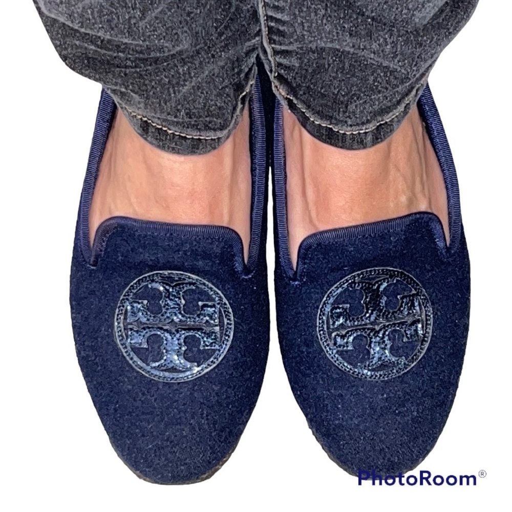 Tory Burch Navy Blue Felt Faux Fur Lined Billy Logo Slippers Loafers